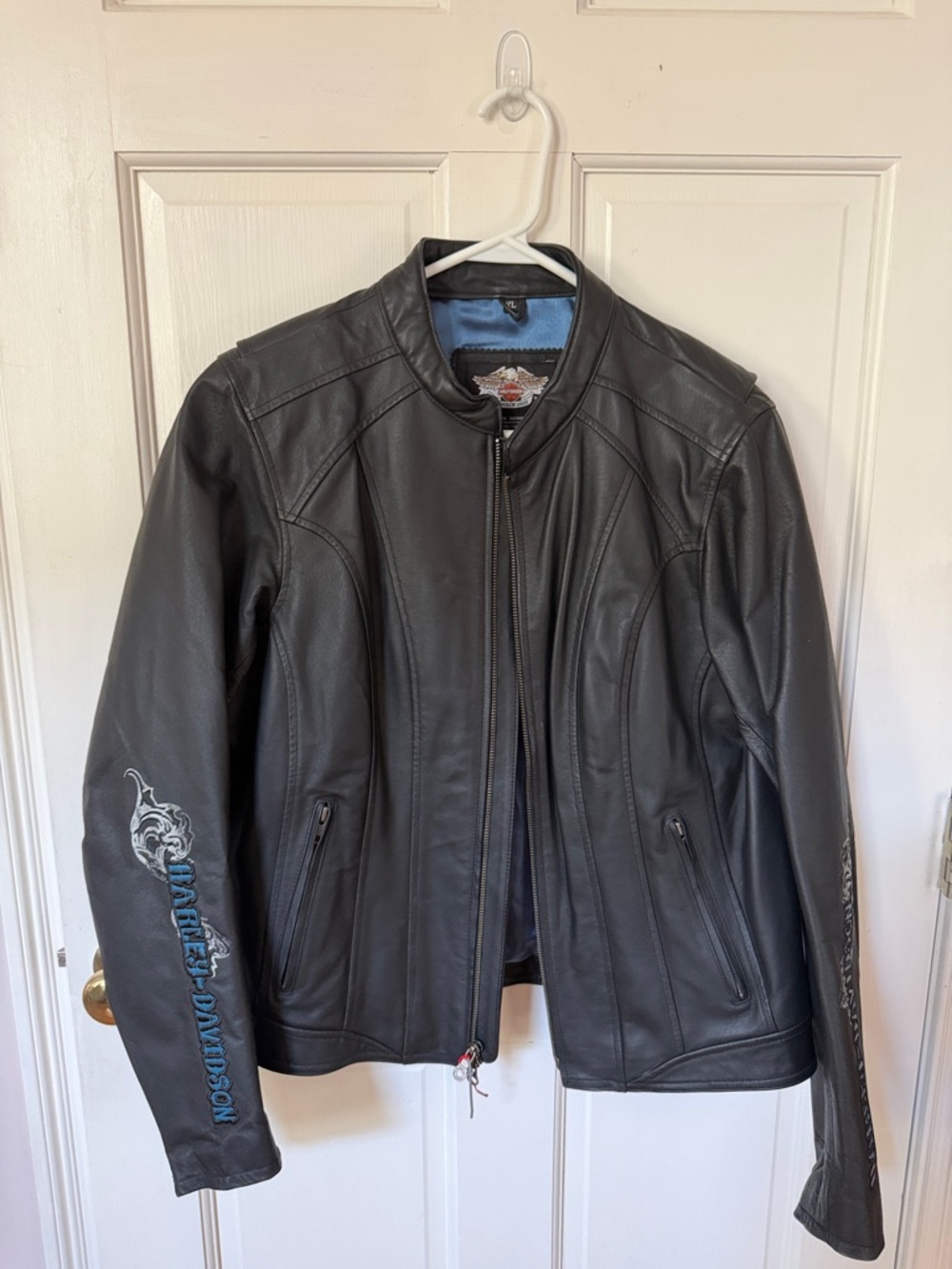 Harley-Davidson Black Leather Jacket with Blue Sleeve Graphics